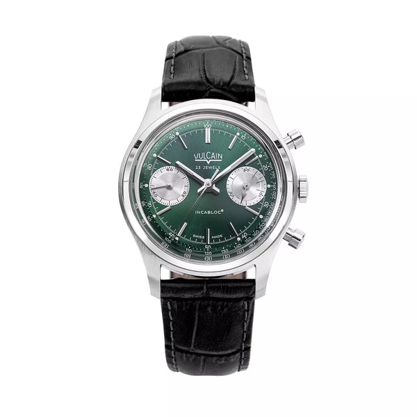 Vulcain Chronograph 70's Verde 640109A90.BAL248 Manuale 640109A90.BAL248 con bracciale Alligatore nero (Cites)