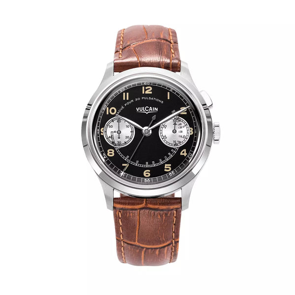 Vulcain Monopusher Heritage Nero Bianco 650157A08.BAL228 Manuale 650157A08.BAL228 con bracciale Alligatore marrone (Cites)