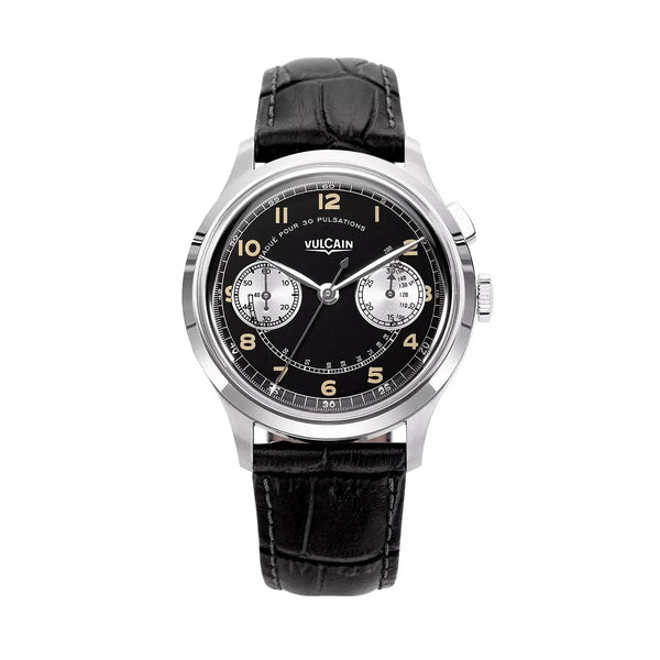 Vulcain Monopusher Heritage Nero Bianco 650157A08.BAN248 Manuale 650157A08.BAN248 con bracciale Pelle di vitello nera stampata alligatore