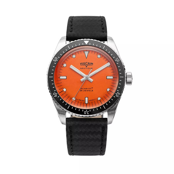 Vulcain Skindiver Nautique Arancio 660170A67.BAC243 Automatico 660170A67.BAC243 con bracciale Cinturino in pelle nera al carbonio