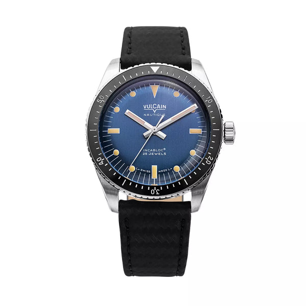 Vulcain Skindiver Nautique Blu 660170A37.BAC243 Automatico 660170A37.BAC243 con bracciale Cinturino in pelle nera al carbonio