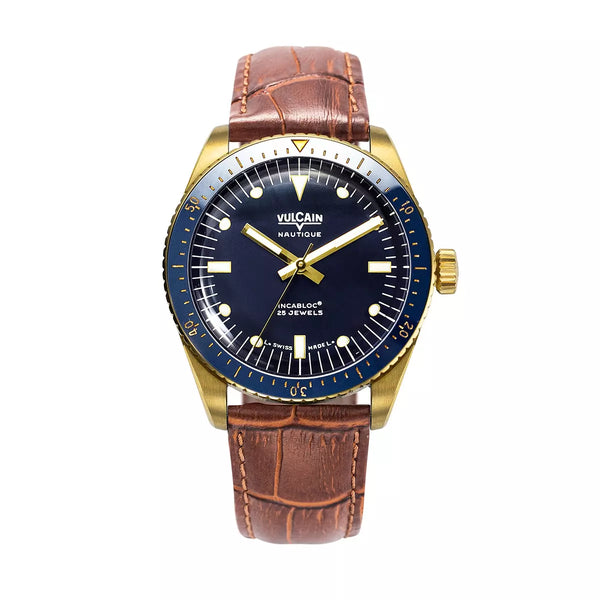 Vulcain Skindiver Nautique Oro Blu 661170A37.BOL228 Automatico 661170A37.BOL228 con bracciale Alligatore bruno (Cites)