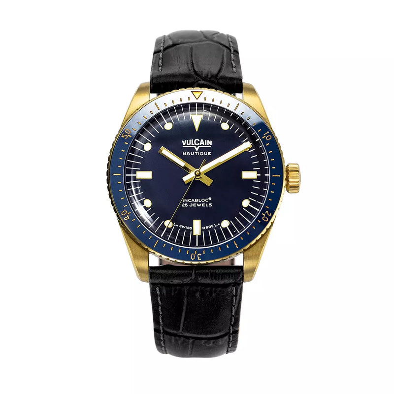 Vulcain Skindiver Nautique Oro Blu 661170A37.BOL248 Automatico 661170A37.BOL248 con bracciale Alligatore nero (Cites)