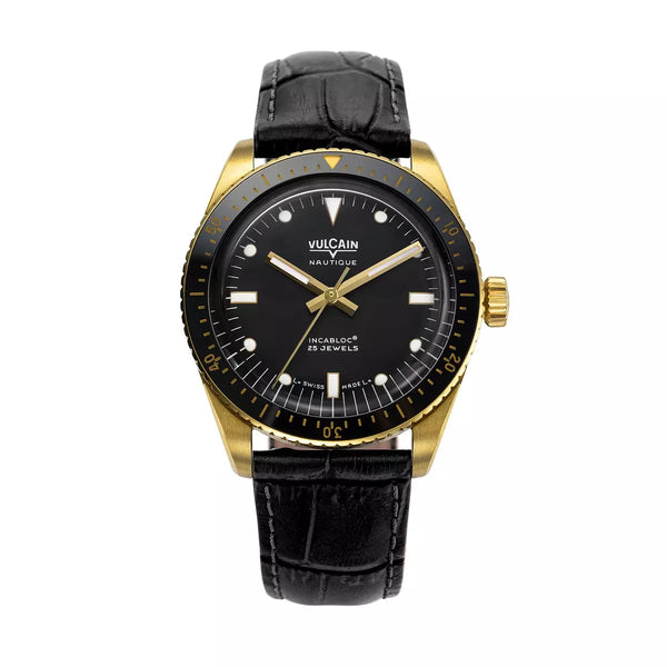 Vulcain Skindiver Nautique Oro Nero 661170A07.BOL248 Automatico 661170A07.BOL248 con bracciale Alligatore nero (Cites)