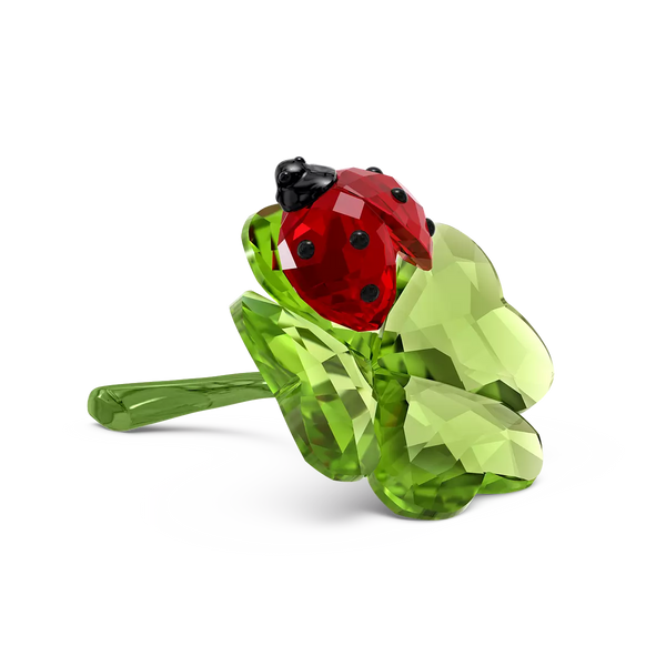 Statuetta in cristallo SWAROVSKI con coccinella rossa posata su quadrifoglio verde 5666852