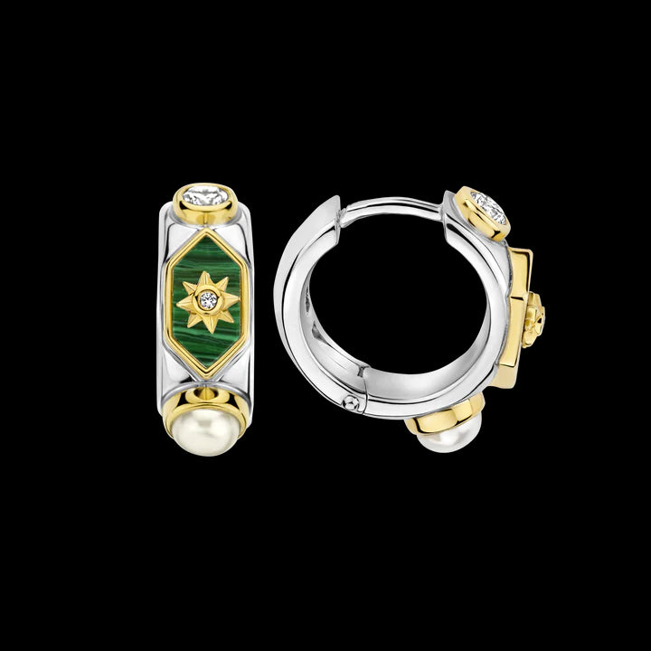 TI SENTO Orecchini cerchio in argento bicolore con stella centrale su base verde, perla e zirconi 7946MA Variante