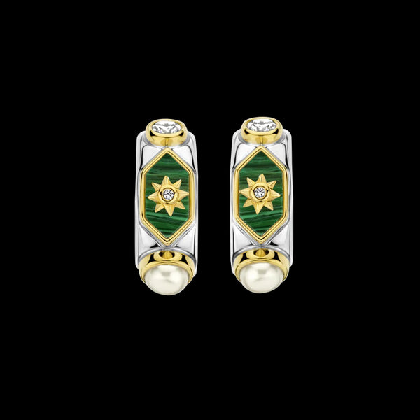 TI SENTO Orecchini cerchio in argento bicolore con stella centrale su base verde, perla e zirconi  7946MA