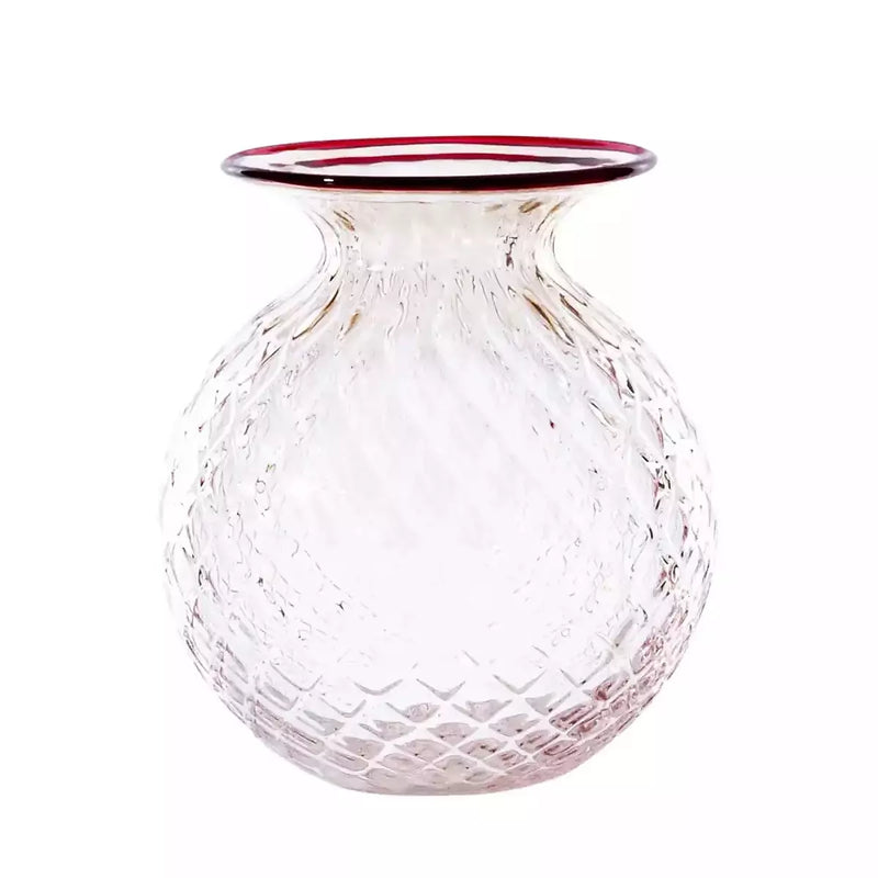 Vaso VENINI Balloton Fiori Grande Rosa Cipria con Filo Rosso Sangue di Bue in Vetro Soffiato di Murano 100.46