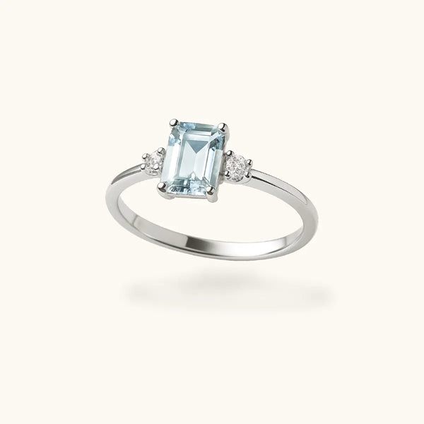 ALFYO Anello Acquamarina Taglio Smeraldo e Diamanti in Oro Bianco