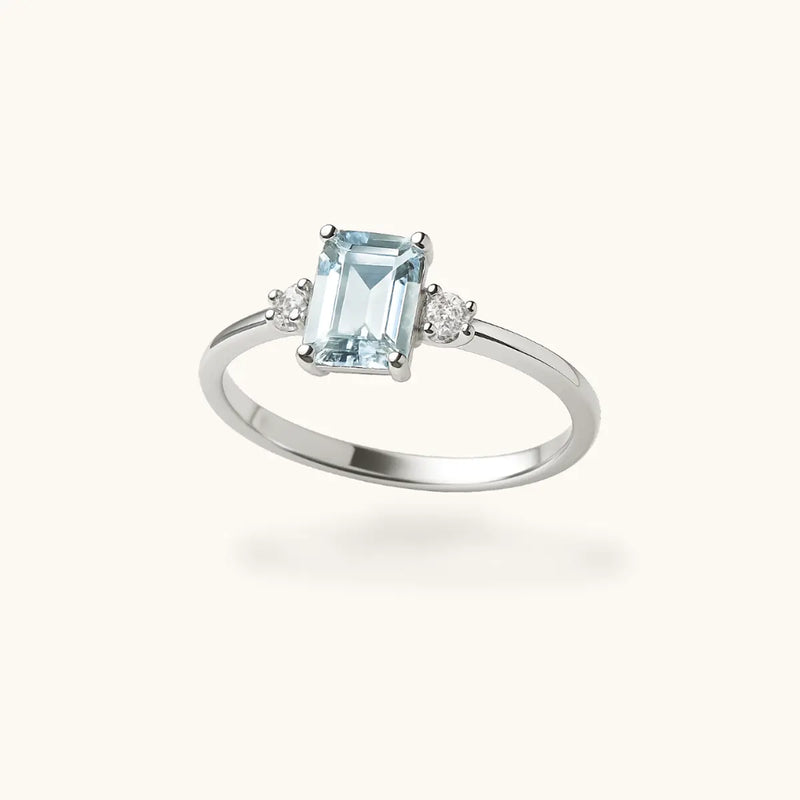 ALFYO Anello Acquamarina Taglio Smeraldo e Diamanti in Oro Bianco