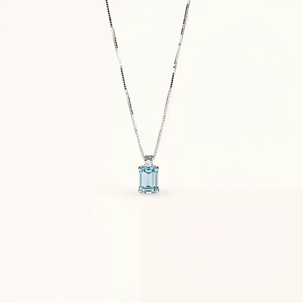 ALFYO Collana Acquamarina Taglio Smeraldo e Diamante in Oro Bianco