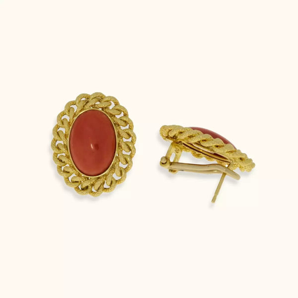 ALFYO Orecchini Vintage con Corallo Rosso e Oro Giallo