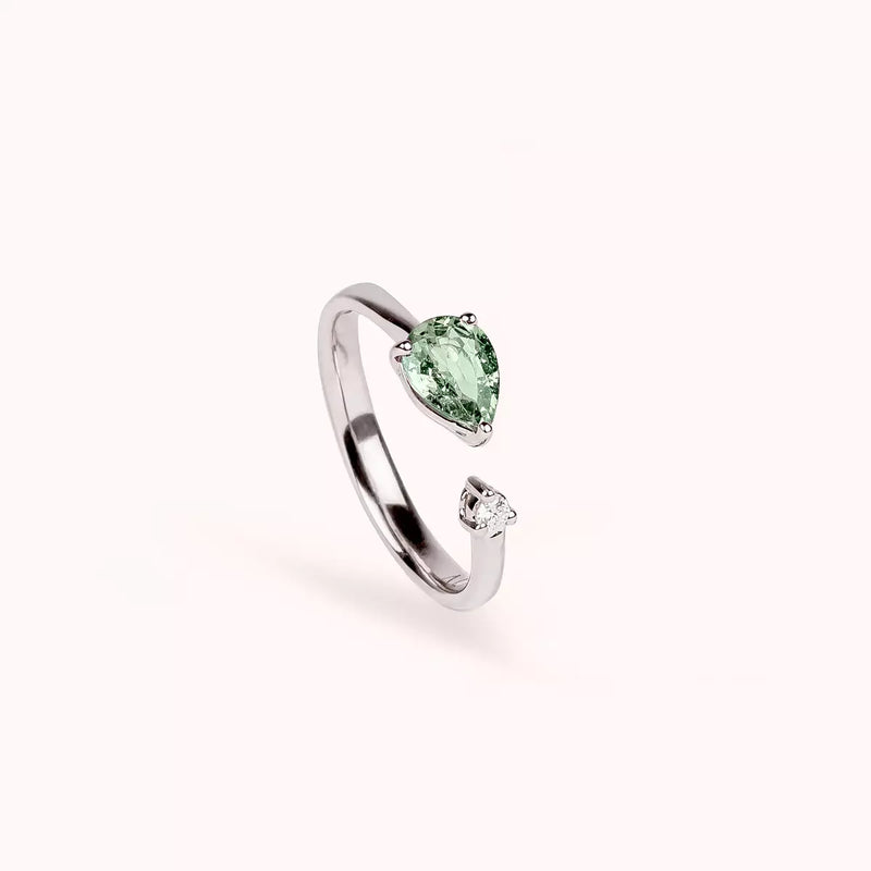 Anello Toi et Moi Duetto Zaffiro Verde e Oro Bianco e diamante frontale