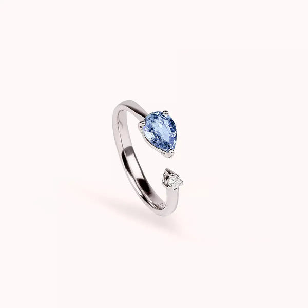 Anello Toi et Moi Duetto Zaffiro a Goccia Blu Diamante e Oro Bianco