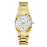 Bulova Classics orologio donna quadrante bianco con motivo geometrico, cassa e bracciale acciaio IP gold, indici a bastoni 97M123