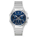 Bulova Curv cronografo quarzo quadrante blu con motivo geometrico, cassa e bracciale in acciaio, indici a bastoni 96A339