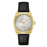 Bulova Frank Sinatra orologio automatico quadrante grigio guillochè a righe cassa IP gold cinturino pelle nero 97B243