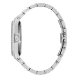 Bulova Octagon vista laterale profilo cassa acciaio con corona brandizzata e bracciale a maglie integrate 96A352