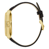 Bulova Octagon vista laterale cassa ottagonale IP oro con corona e cinturino pelle stampa coccodrillo nero 97A206