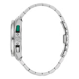 Bulova Racer cronografo vista laterale con pulsanti cronografo verdi, corona e bracciale acciaio 98B468