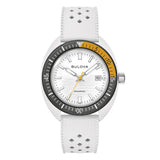 Bulova Snorkel orologio da polso quadrante bianco con motivo onde, lunetta grigia e arancio, cinturino gomma bianca 98B459