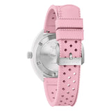 Bulova Snorkel vista fondello a vite in acciaio con incisione fenicottero e cinturino gomma rosa con fibbia 98B460
