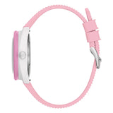 Bulova Snorkel vista laterale cassa acciaio con corona firmata, lunetta ceramica rosa e cinturino gomma traforata 98B460