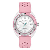 Bulova Snorkel orologio quadrante bianco con motivo onde, lunetta ceramica rosa e cinturino gomma traforata rosa 98B460