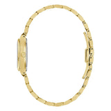 Bulova Super Seville donna vista laterale profilo cassa con corona logata e bracciale IP oro con chiusura deployante 97L189