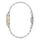 Bulova Super Seville vista laterale profilo cassa con lunetta scanalata dorata e corona con logo 98L335