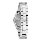 Bulova Surveyor 98L337 vista fondello in acciaio con corona oro rosa, bracciale a maglie e logo inciso