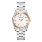 Bulova Surveyor orologio donna quadrante bianco con lunetta oro rosa, bracciale acciaio e indici a bastoni 98L337