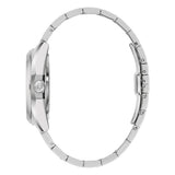Bulova Surveyor 96A350 vista laterale profilo cassa acciaio con corona firmata e bracciale a maglie integrate