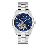 Bulova Surveyor orologio automatico quadrante blu con apertura heartbeat, bracciale acciaio, indici a bastoni 96A350