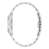 Bulova Surveyor vista laterale profilo cassa in acciaio con corona brandizzata e bracciale a maglie lucide 96L364