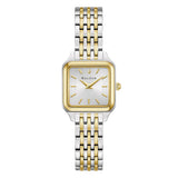 Bulova Sutton orologio donna cassa quadrata bicolore acciaio e oro, quadrante bianco guilloché indici a bastoni 98L330