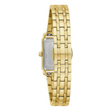 Bulova Sutton Tank vista fondello acciaio con incisione Water Resist e bracciale dorato dettaglio chiusura 97L177