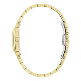 Bulova Sutton Tank vista laterale profilo cassa dorata con corona e bracciale in acciaio color oro giallo 97L177