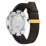 Citizen Bullhead Edizione Limitata vista fondello a vite in acciaio con cinturino pelle marrone e fibbia dorata AV0104-06W