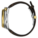 Citizen Bullhead Edizione Limitata vista laterale cassa acciaio e oro con cinturino pelle marrone e chiusura deployante AV0104-06W
