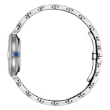 Citizen Citizen L EM1070-83A vista laterale profilo cassa acciaio con corona cabochon blu e bracciale a maglie EM1070-83A