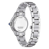 Citizen Lady EM1161-55L vista fondello inciso acciaio Eco-Drive vetro zaffiro corona con cabochon blu bracciale acciaio