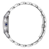 Citizen Lady EM1161-55L vista laterale profilo cassa acciaio corona cabochon blu dettaglio bracciale con chiusura deployante