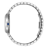 Citizen Lady EM1200-55X vista laterale profilo cassa a goccia corona cabochon blu bracciale acciaio lucido