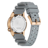 Citizen PROMASTER BLUE DIAL vista fondello acciaio inciso Eco-Drive Diver's 200m cinturino grigio fibbia oro rosa EO2023-00W