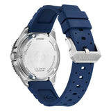 Citizen Promaster Diver vista fondello in acciaio inciso e chiusura ad ardiglione su cinturino blu BN0267-04L