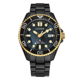 Citizen PROMASTER Eco-Drive diver nero opaco con lunetta oro, quadrante scuro e bracciale acciaio nero BN0264-53E