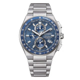 Citizen Radiocontrollato H804 Eco-Drive quadrante blu guilloché con bracciale SuperTitanio e tachimetro AT8396-59L