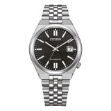 Citizen Tsuyosa orologio automatico quadrante nero guilloché con indici a bastoni e bracciale acciaio NK0030-51E