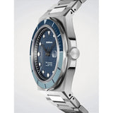 D1 Milano Automatico Dual Navy vista laterale dettaglio corona e lunetta ceramica bicolore blu azzurro su cassa acciaio ATBJ21